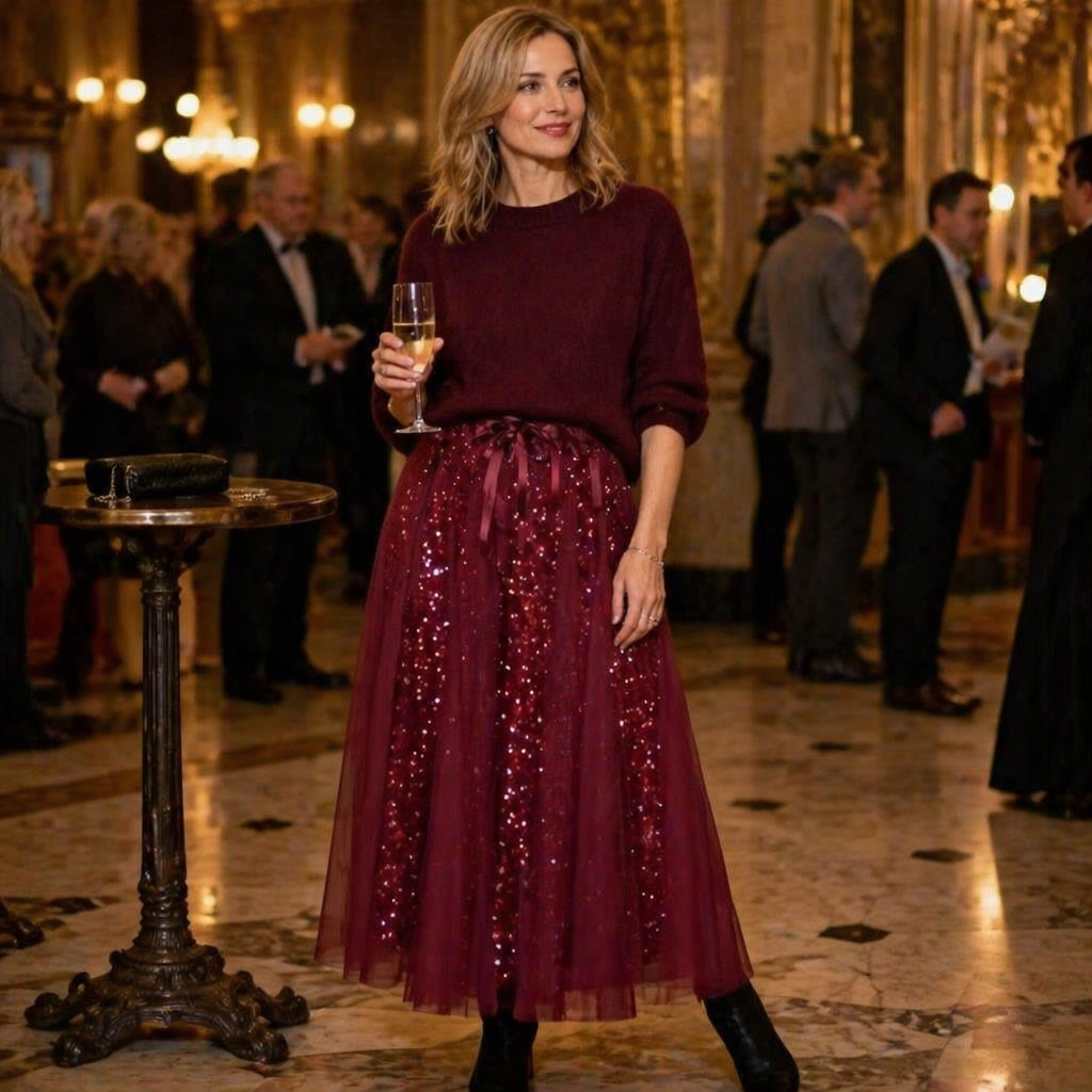 Soraya – Slavnostní midi sukně z tylu s flitry a set útulného pleteného svetru – Esilora