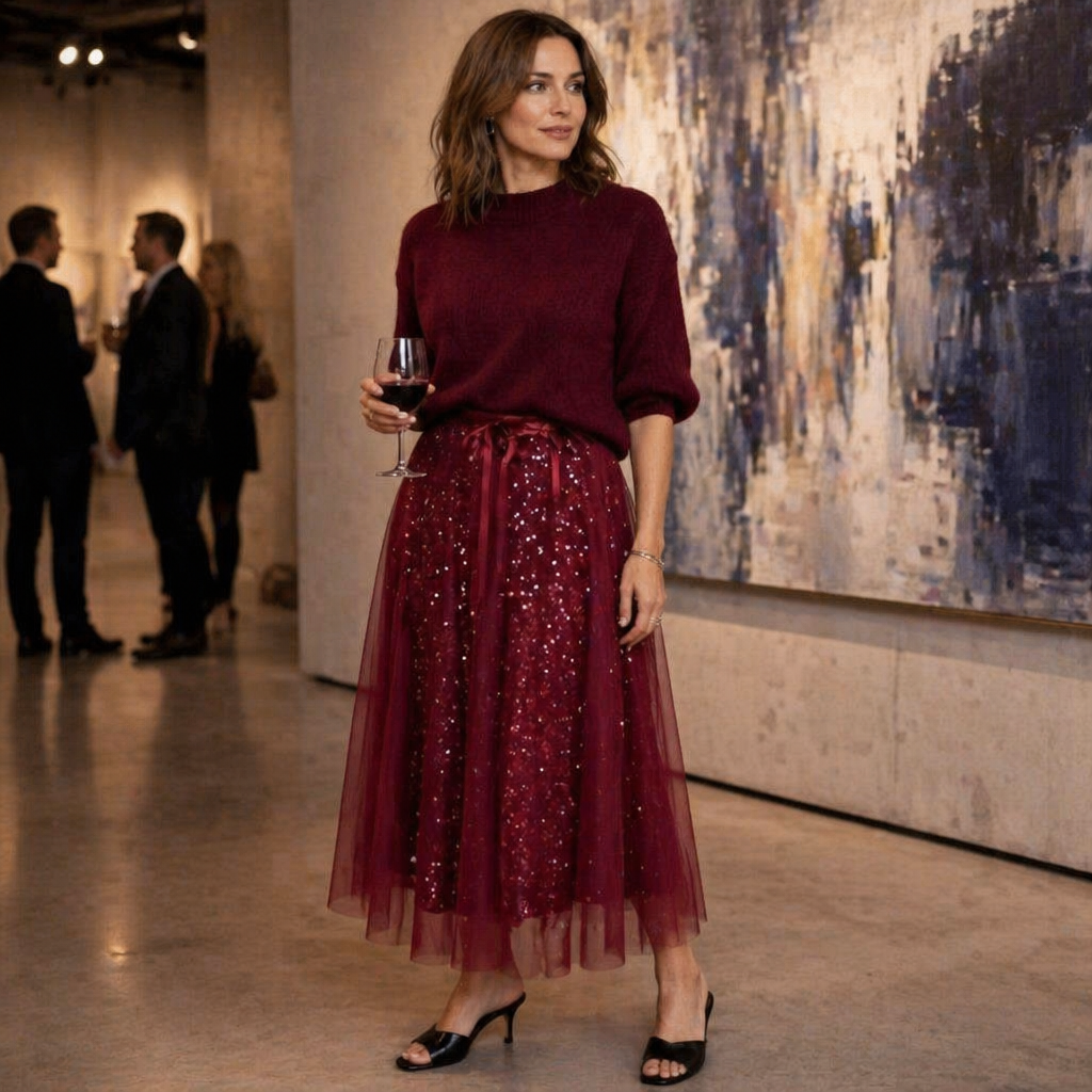 Soraya – Slavnostní midi sukně z tylu s flitry a set útulného pleteného svetru – Esilora