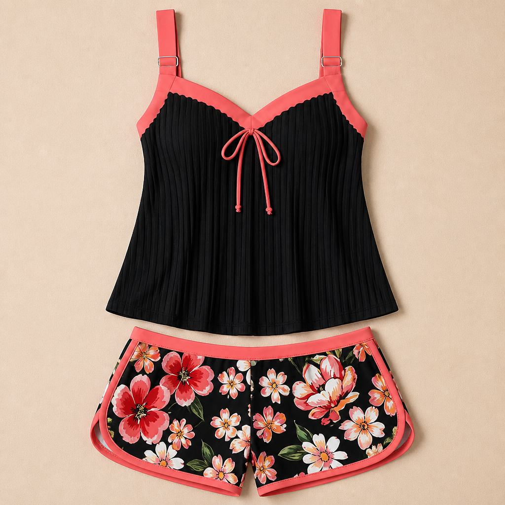 SoloraSway – vzdušný plisovaný tankini set s kraťasy pro větší zakrytí - Esilora