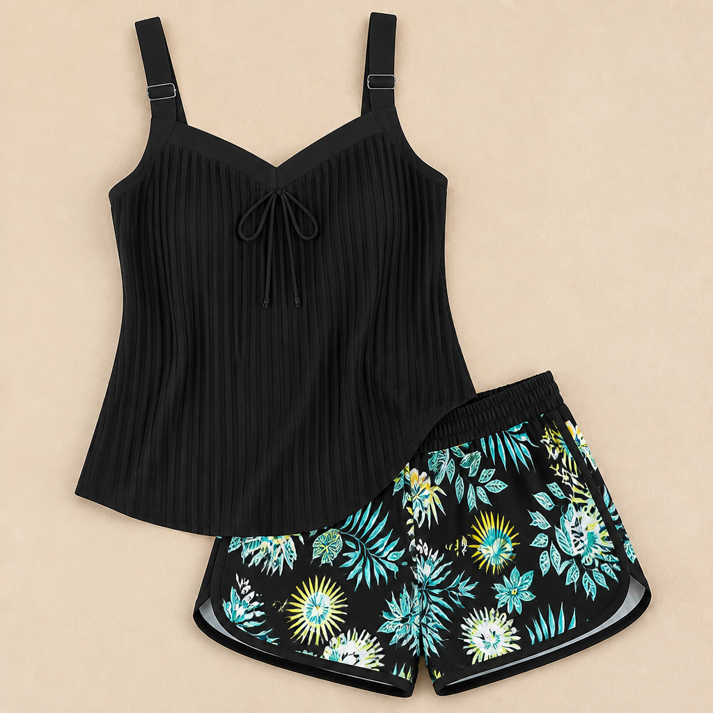 SoloraSway – vzdušný plisovaný tankini set s kraťasy pro větší zakrytí - Esilora