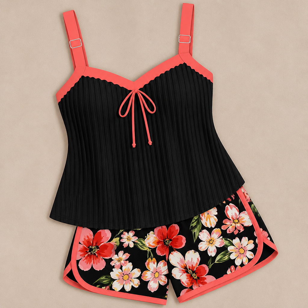 SoloraSway – vzdušný plisovaný tankini set s kraťasy pro větší zakrytí - Esilora