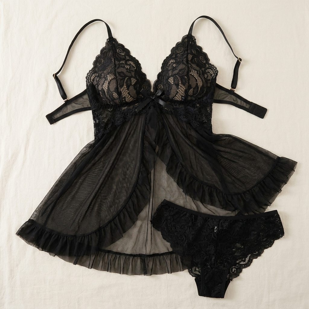 Soirée – Krajkový set babydoll s výstřihem do V a průsvitnou síťovanou sukní - Esilora
