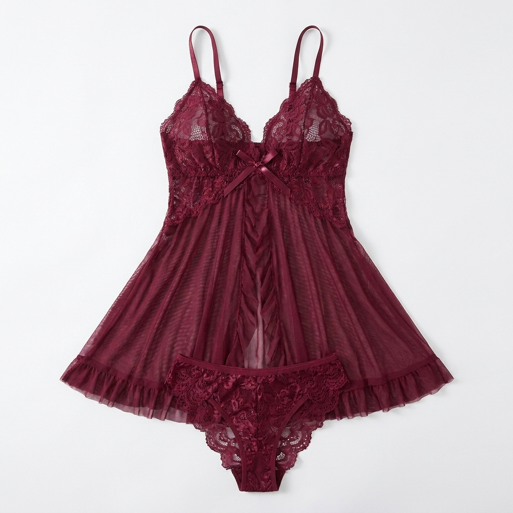 Soirée – Krajkový set babydoll s výstřihem do V a průsvitnou síťovanou sukní - Esilora