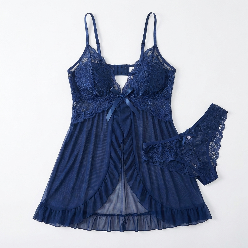 Soirée – Krajkový set babydoll s výstřihem do V a průsvitnou síťovanou sukní - Esilora