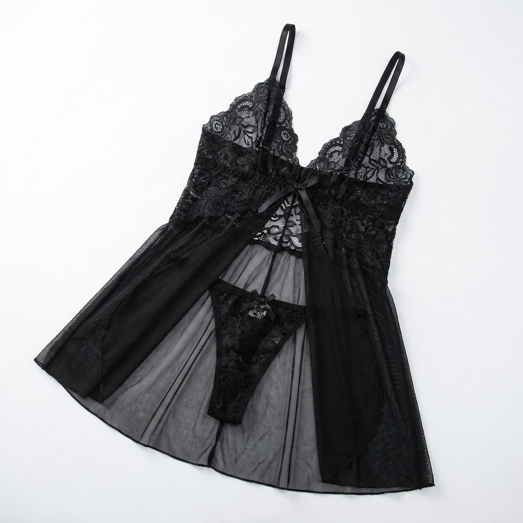 Soirée – Krajkový set babydoll s výstřihem do V a průsvitnou síťovanou sukní - Esilora