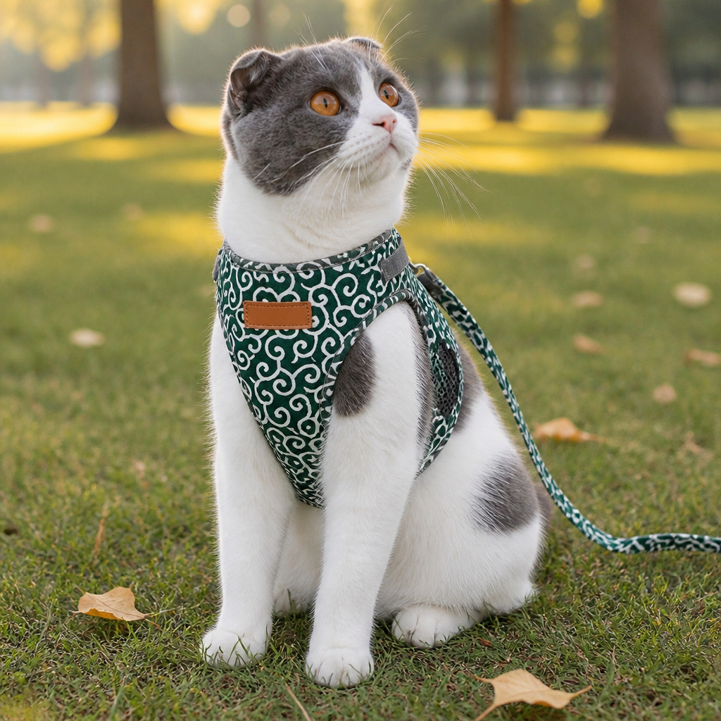 PurrfectFit – kočičí vestový postroj s japonským vířivým vzorem a polstrovaným vodítkem – Esilora