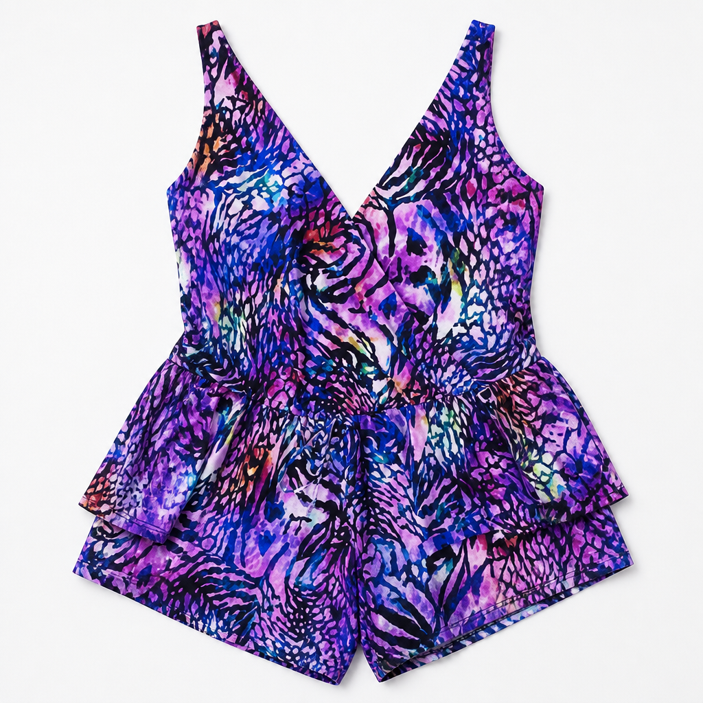 SolaraMist – Flowy V-Neck Swim Romper with Watercolor Print - Esilora