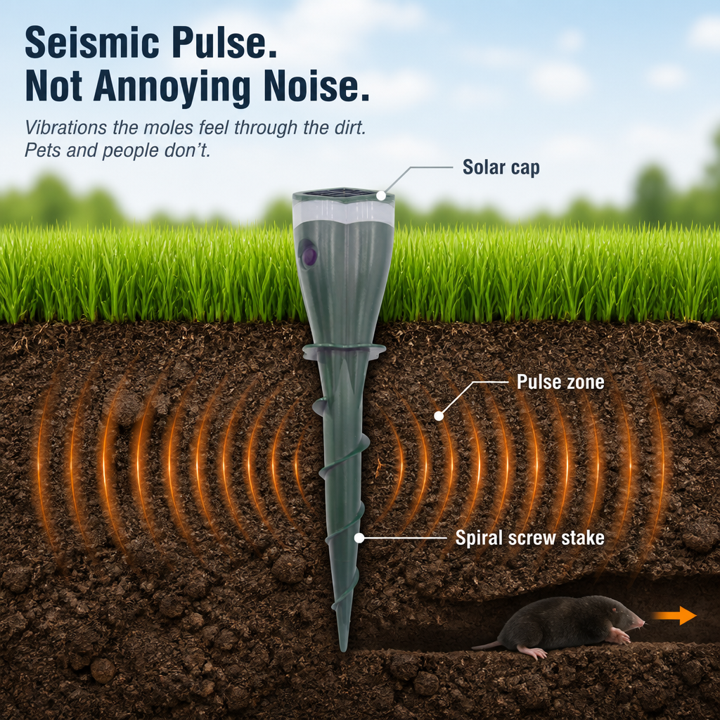 PestGuard — Ahuyenta topos, topillos y marmotas con pulsos solares silenciosos de 100ft - Esilora