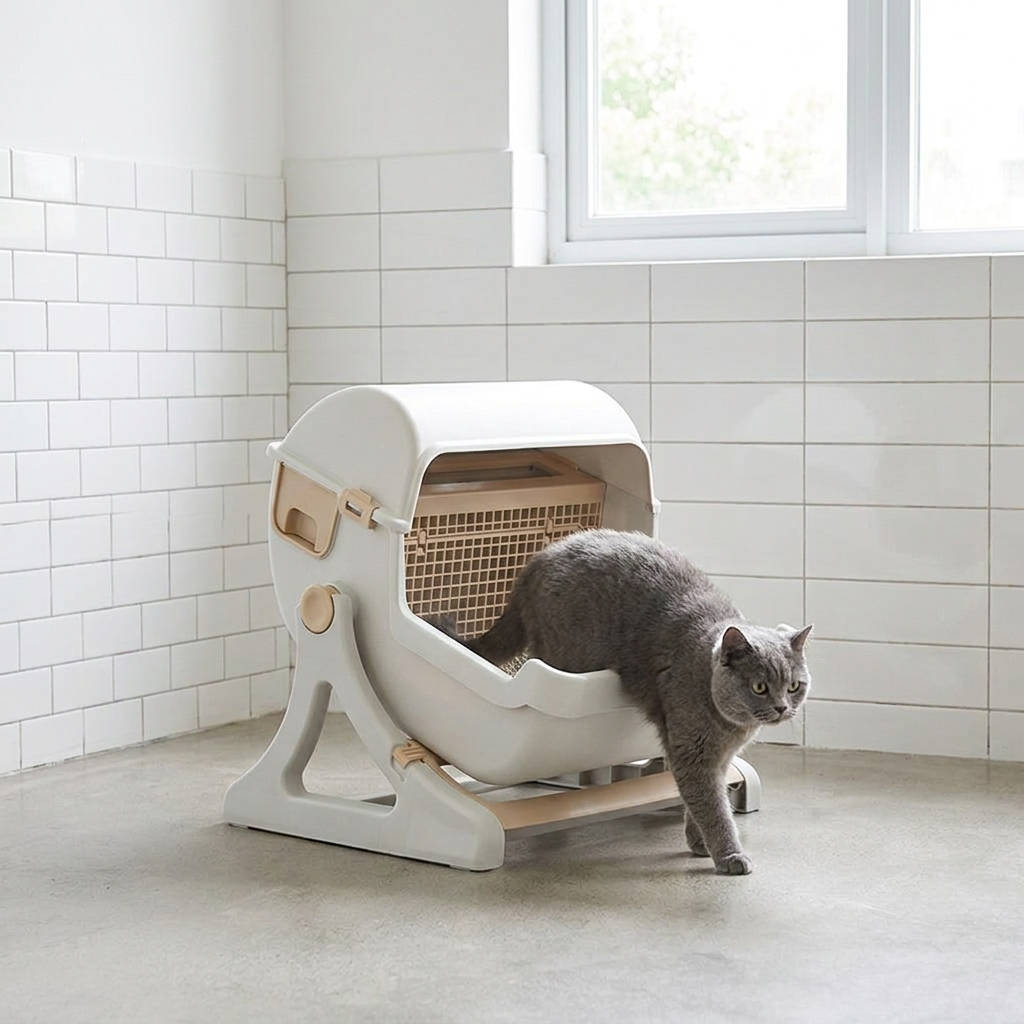 Automatic Cat Litter Box - Tipping Tray - Odour Control - Open Top - 50x50x46cm - Beige & Grey
