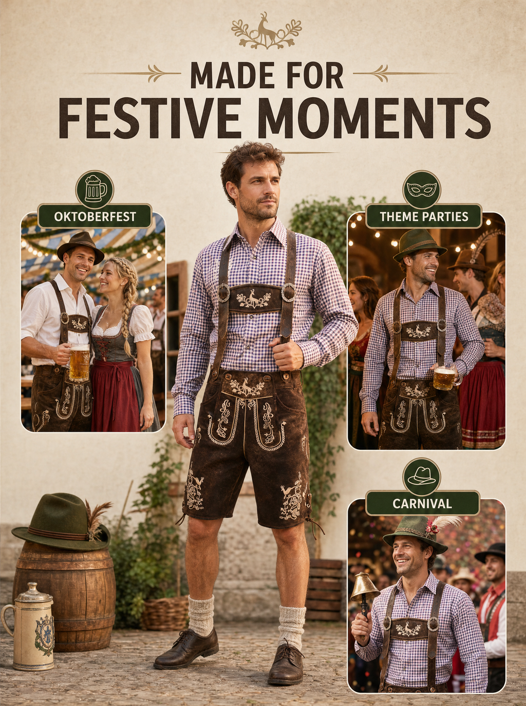 AlpenViktor-sæt med lederhosen til mænd - autentisk Oktoberfest-outfit