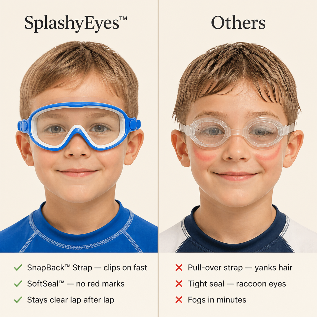 SplashyEyes — בלי משיכות בשיער, אדים ועיניים כמו של דביבון עם משקפי שחייה לילדים הנצמדים בקליק - Esilora