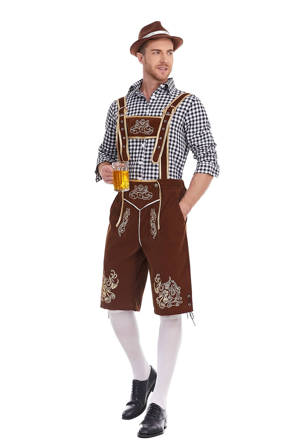 AlpenKönig kostumesæt til mænd — broderede lederhosen, ternet skjorte