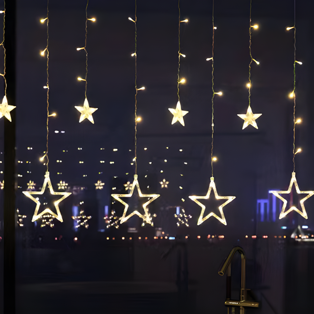 LED Warm White Star Light Curtain — Decorative String Kit, Multi-Shape Design, Extension Cord