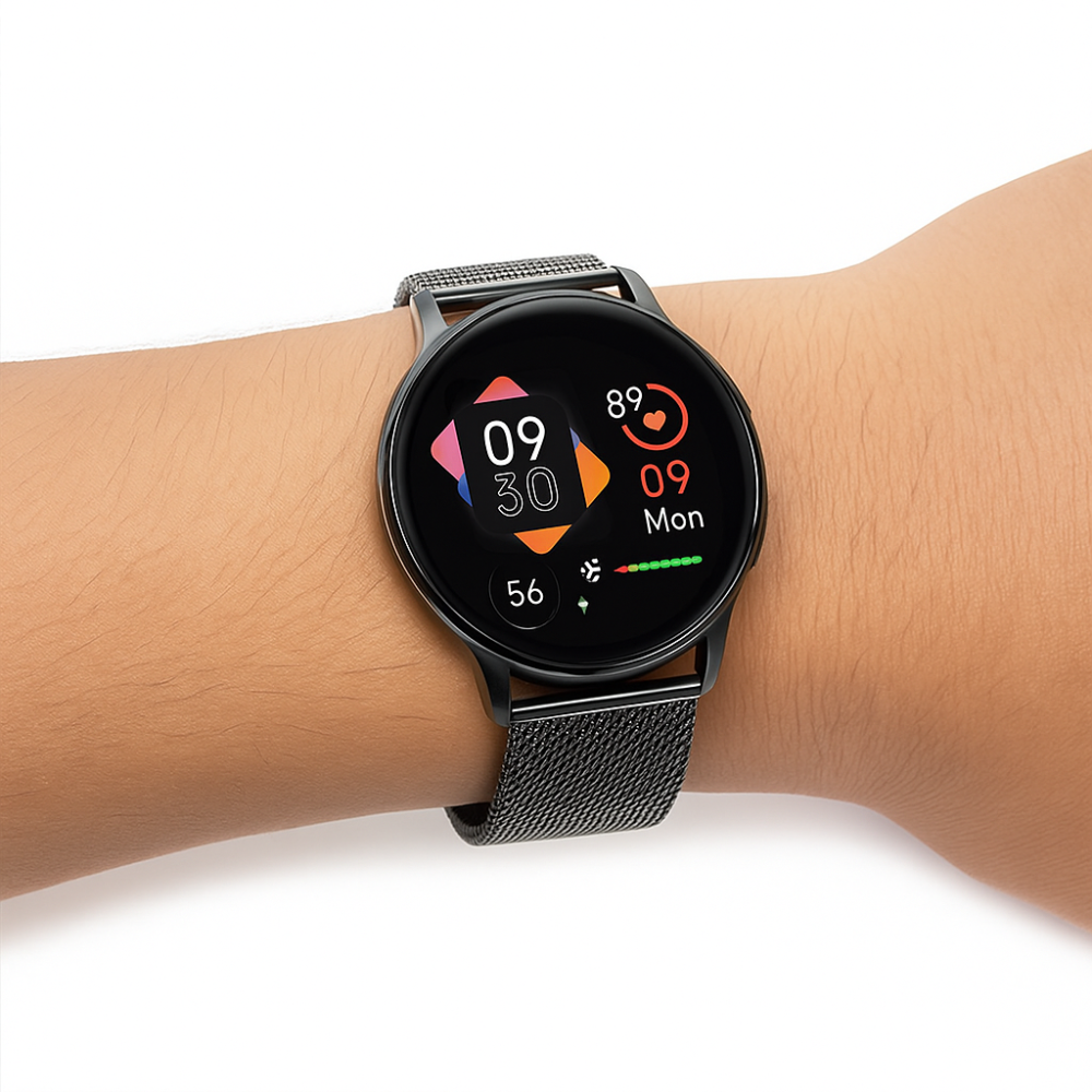 AMOLED 42mm スマートウォッチ - ステンレススチールバンド、Bluetooth 5.3接続