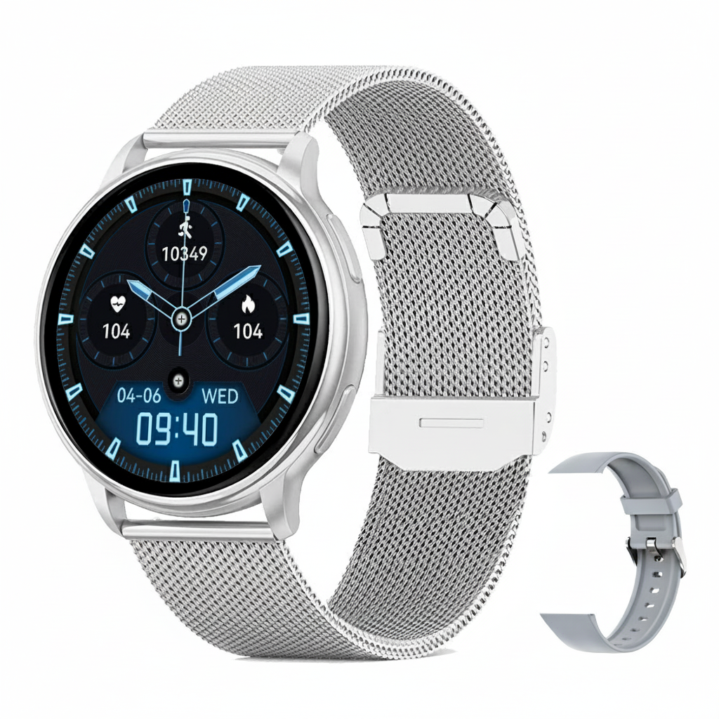 AMOLED 42mm スマートウォッチ - ステンレススチールバンド、Bluetooth 5.3接続