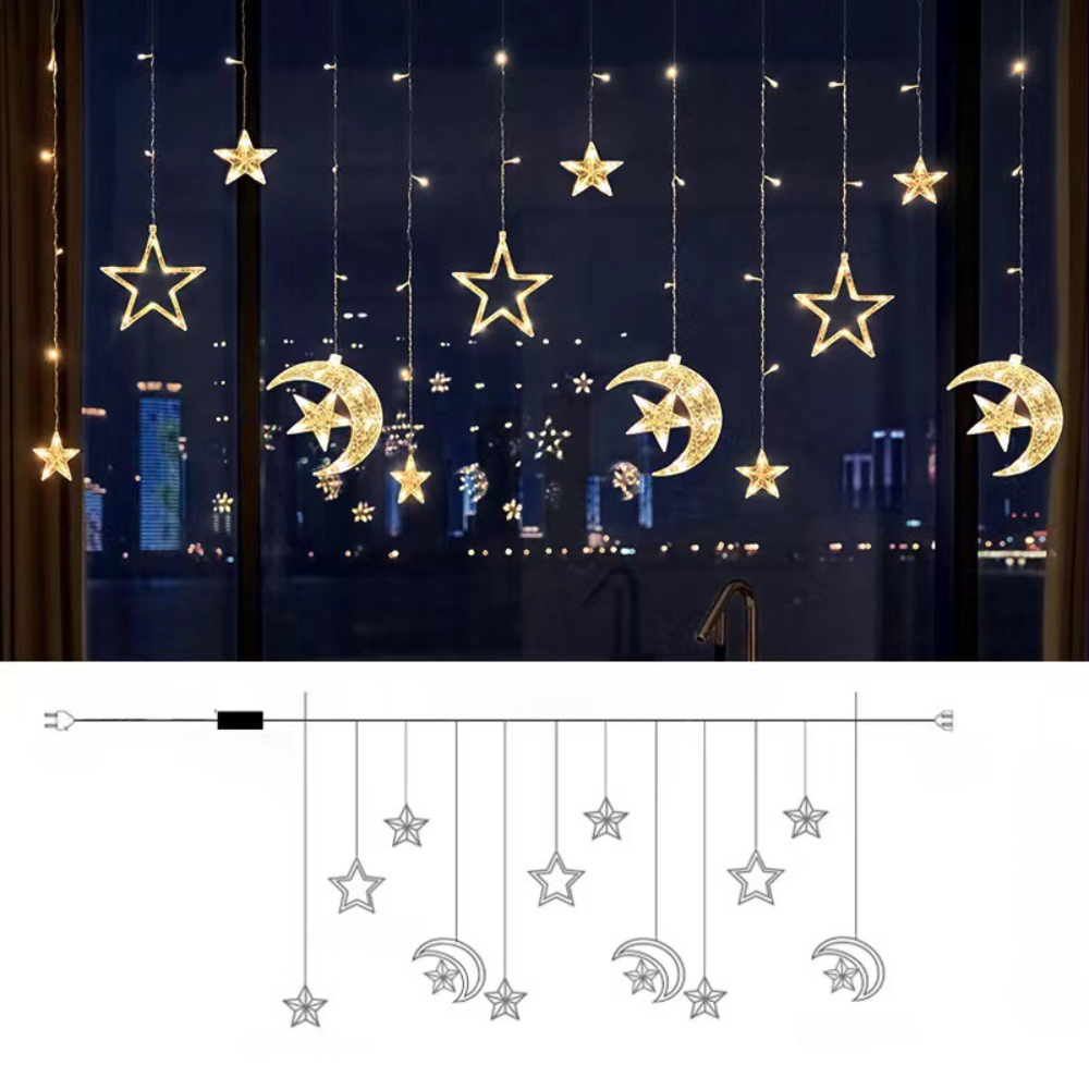 LED Warm White Star Light Curtain — Decorative String Kit, Multi-Shape Design, Extension Cord