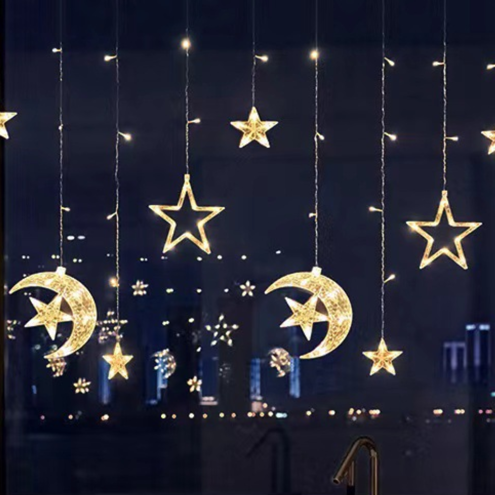 LED Warm White Star Light Curtain — Decorative String Kit, Multi-Shape Design, Extension Cord