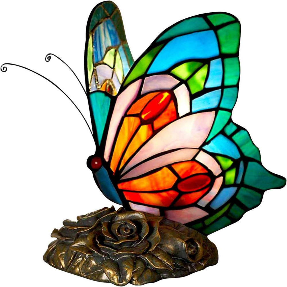 Vintage vlinder-tafellamp van glas-in-lood