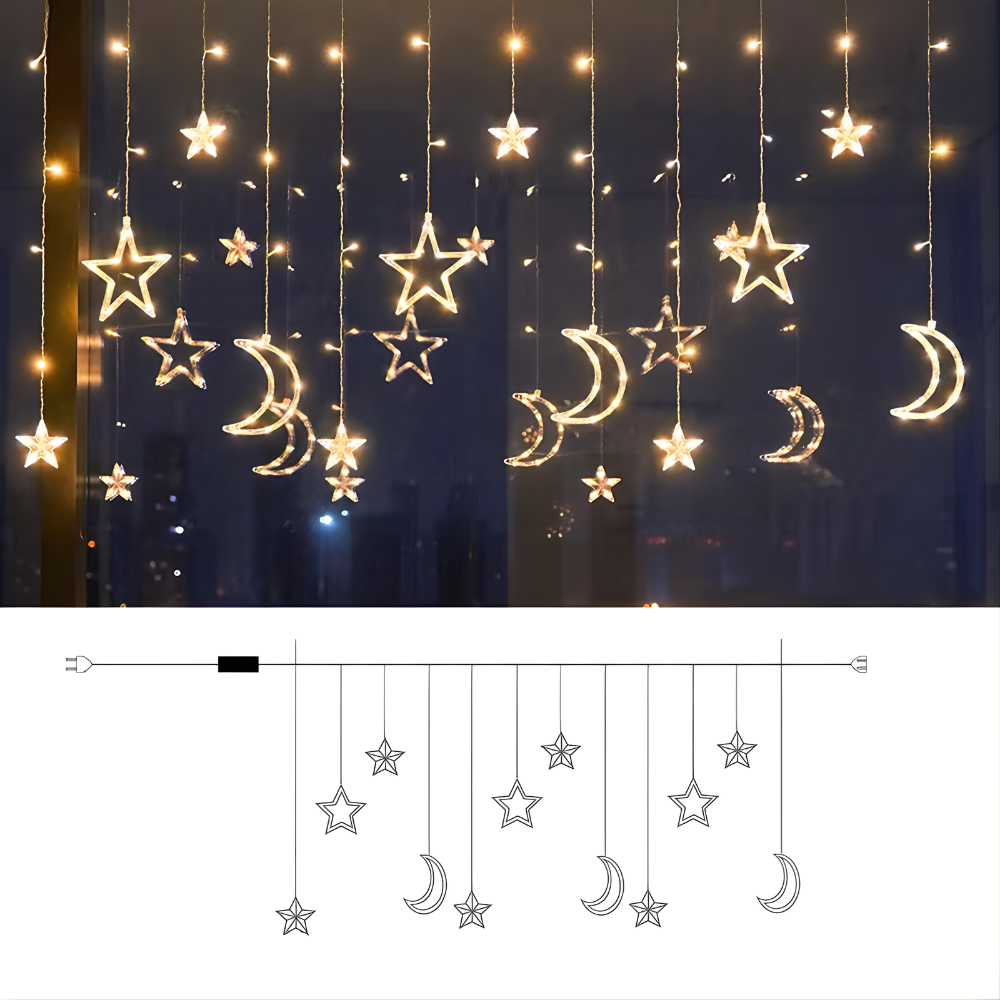 LED Warm White Star Light Curtain — Decorative String Kit, Multi-Shape Design, Extension Cord