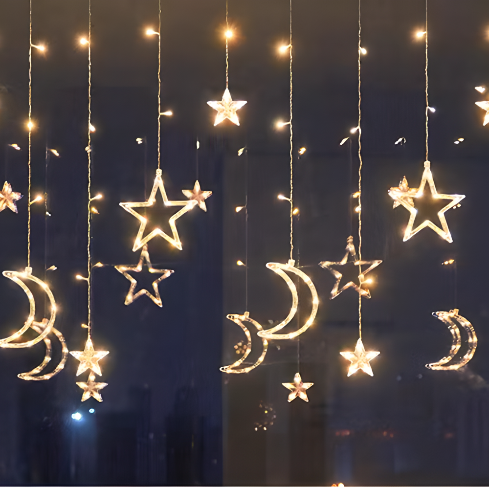 LED Warm White Star Light Curtain — Decorative String Kit, Multi-Shape Design, Extension Cord