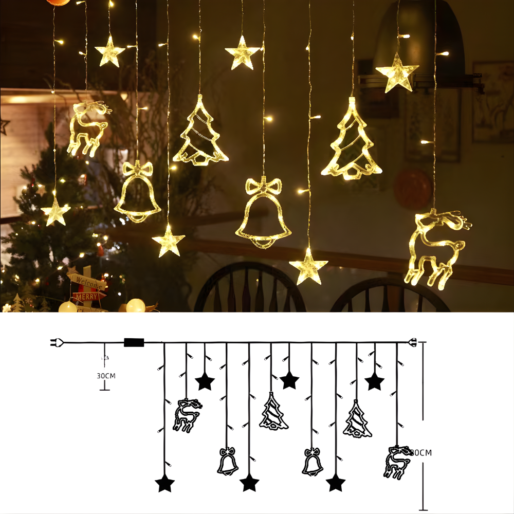 LED Warm White Star Light Curtain — Decorative String Kit, Multi-Shape Design, Extension Cord