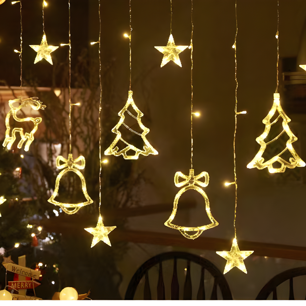 LED Warm White Star Light Curtain — Decorative String Kit, Multi-Shape Design, Extension Cord