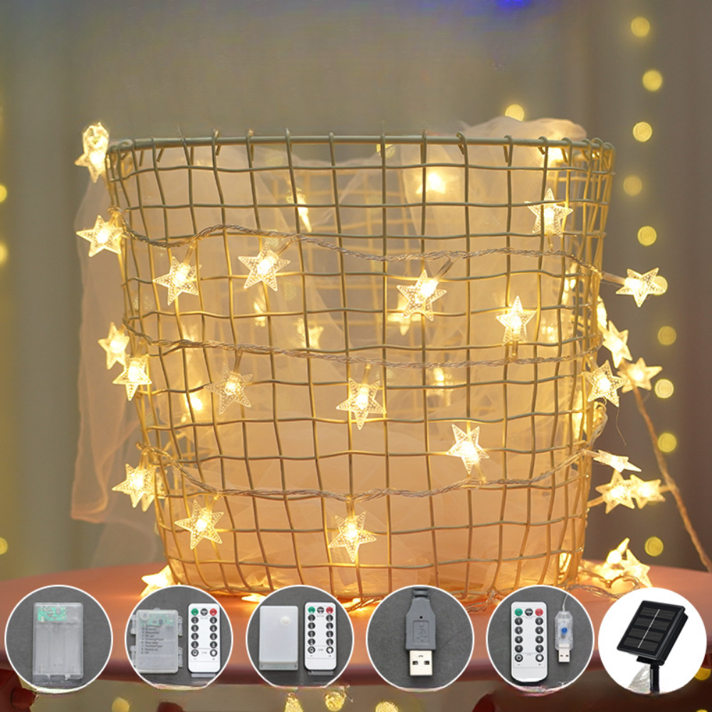 6-Star LED String Lights — Weather-Resistant 10cm Warm Micro-Lights