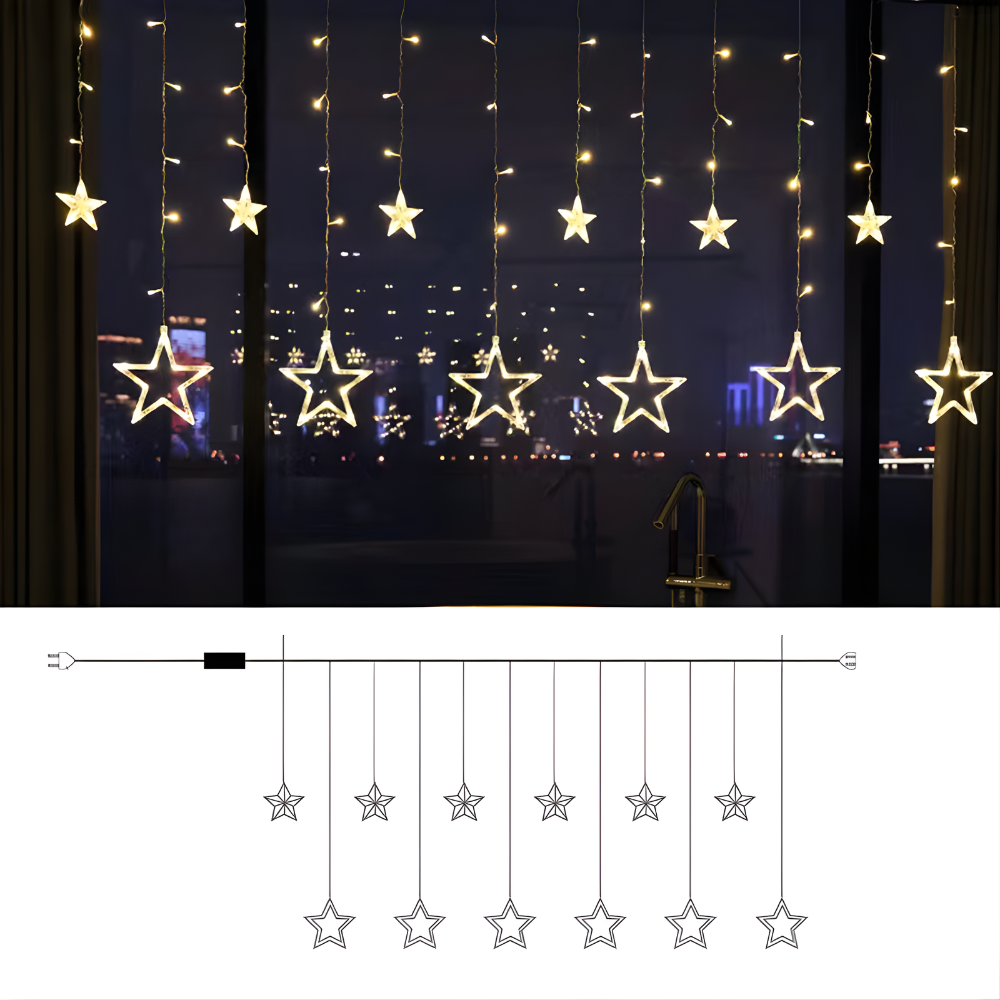 LED Warm White Star Light Curtain — Decorative String Kit, Multi-Shape Design, Extension Cord