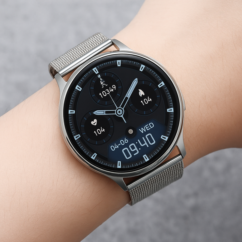 AMOLED 42mm スマートウォッチ - ステンレススチールバンド、Bluetooth 5.3接続