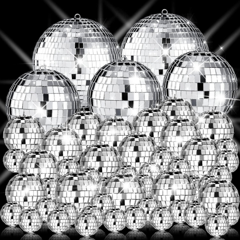 Conjunto de bolas espelhadas prateadas — esferas de discoteca facetadas e refletoras