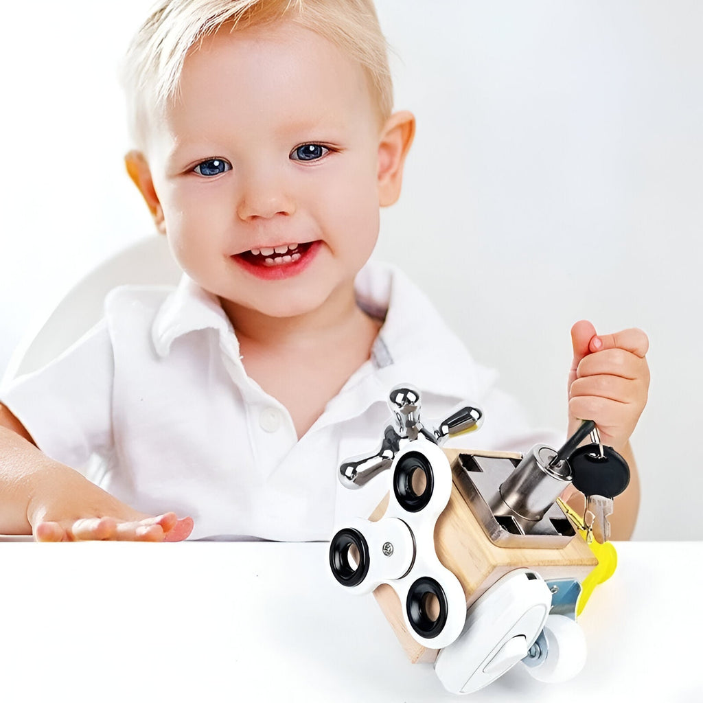 Wooden Motor Skills Cube — Rotating Dials, Sliding Panels, Click Components