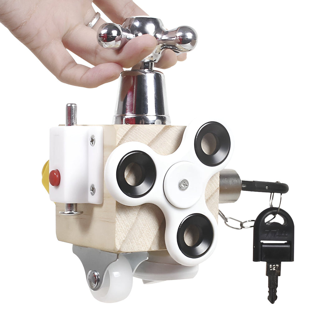 Wooden Motor Skills Cube — Rotating Dials, Sliding Panels, Click Components