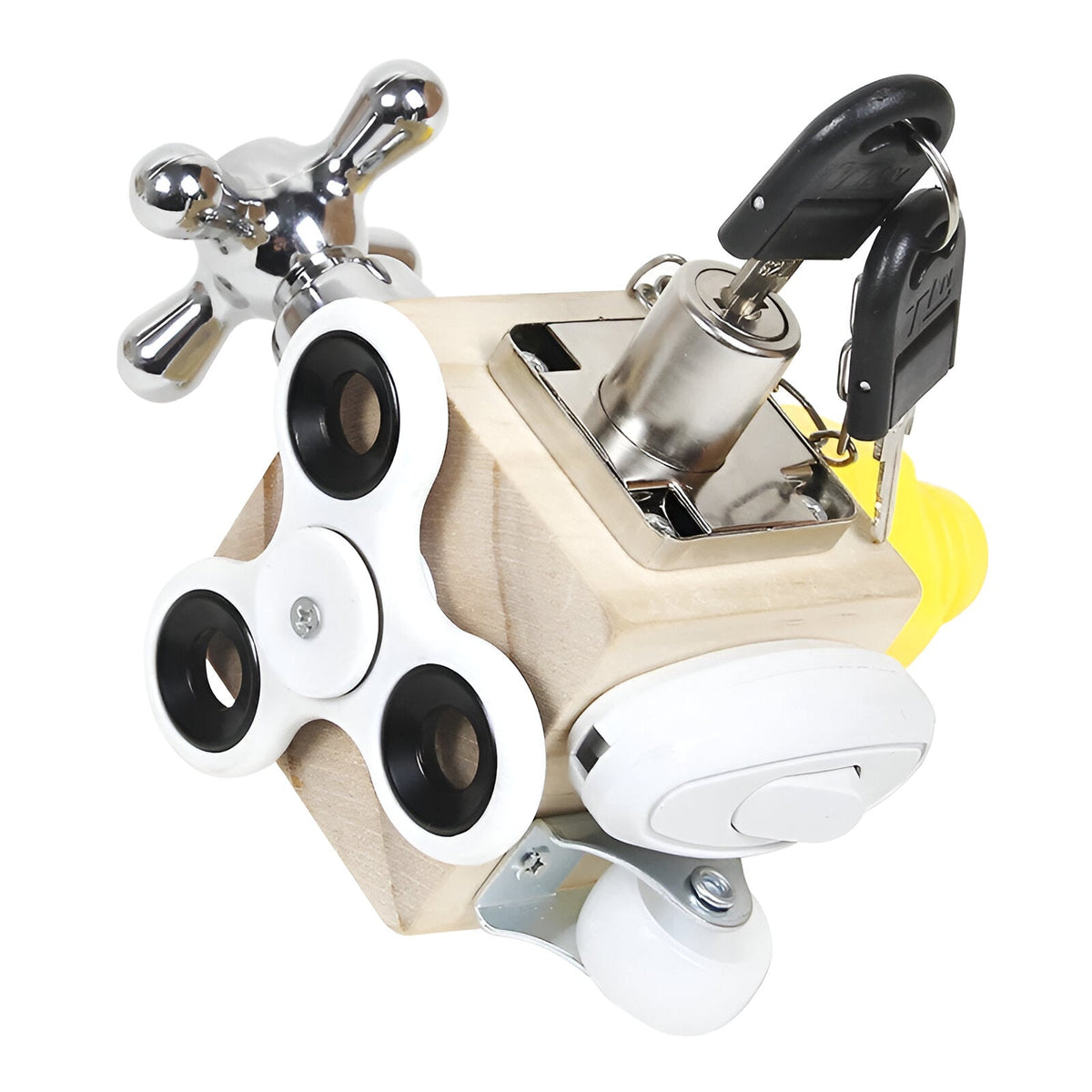 Wooden Motor Skills Cube — Rotating Dials, Sliding Panels, Click Components
