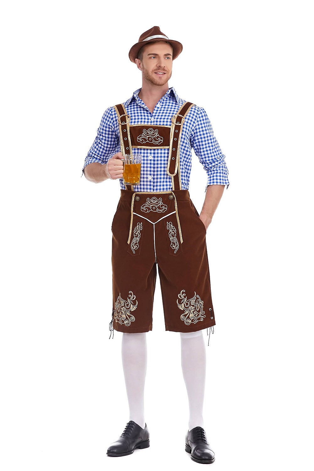 AlpenKönig kostumesæt til mænd — broderede lederhosen, ternet skjorte