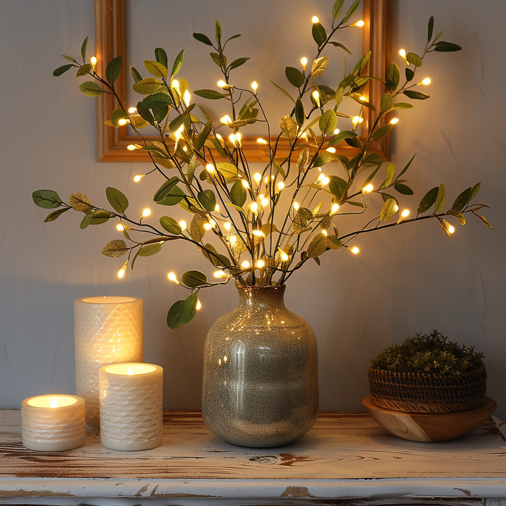 Ramuri decorative LED alb cald — tulpini compacte și subțiri