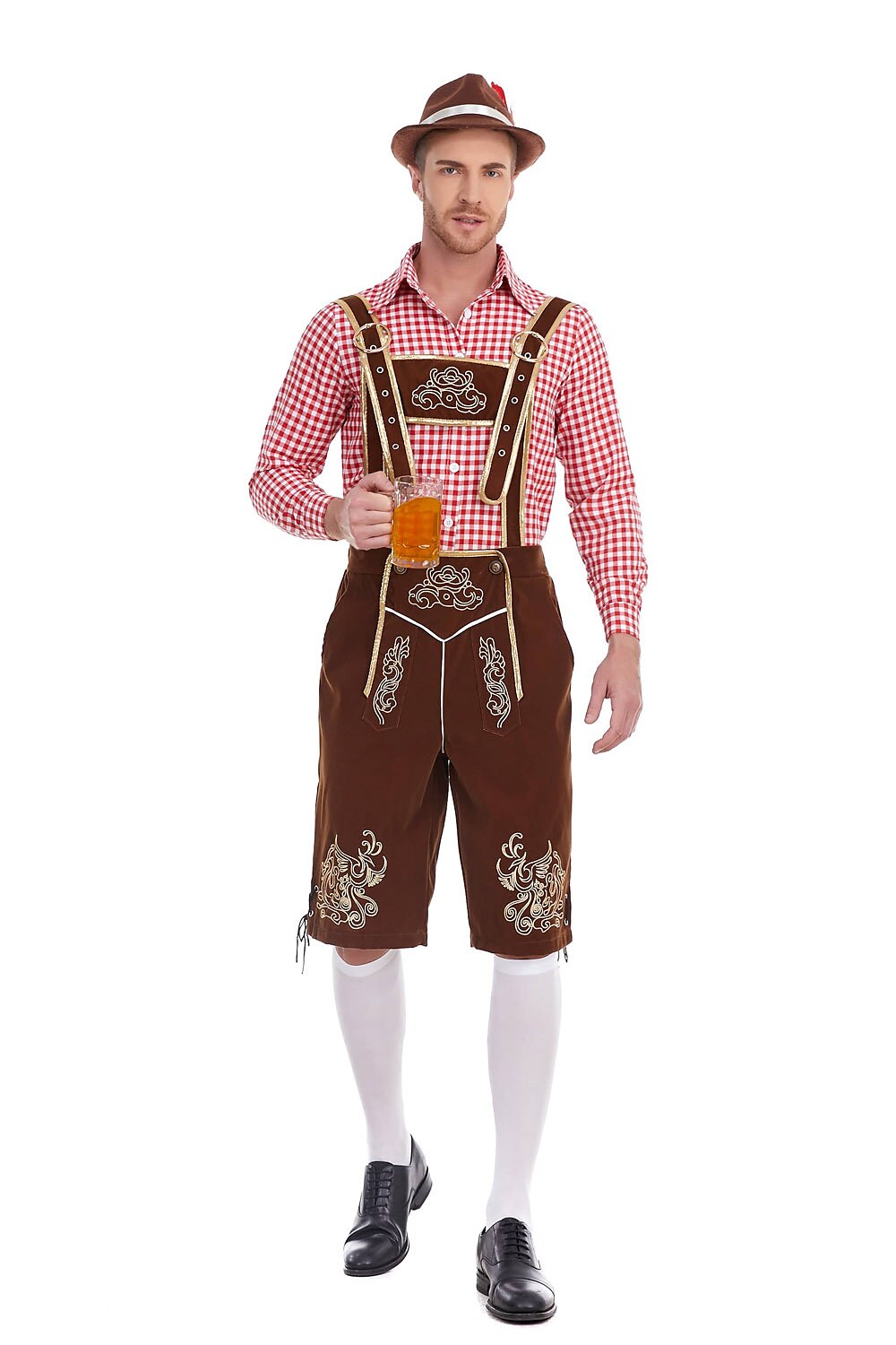 AlpenKönig kostumesæt til mænd — broderede lederhosen, ternet skjorte