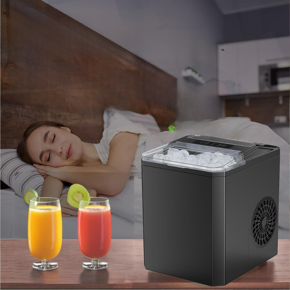 Aparat compact negru de făcut cuburi de gheață pentru blat — ciclu de șase minute