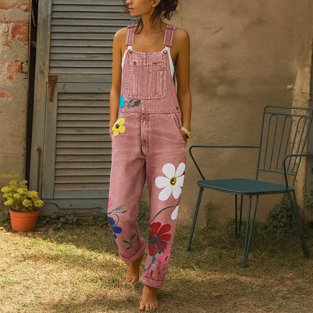 Tuta in denim floreale da donna — Vestibilità comoda, cerniera frontale