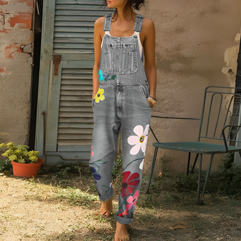 Tuta in denim floreale da donna — Vestibilità comoda, cerniera frontale
