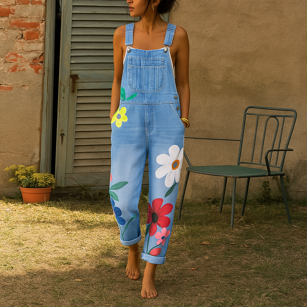 Tuta in denim floreale da donna — Vestibilità comoda, cerniera frontale