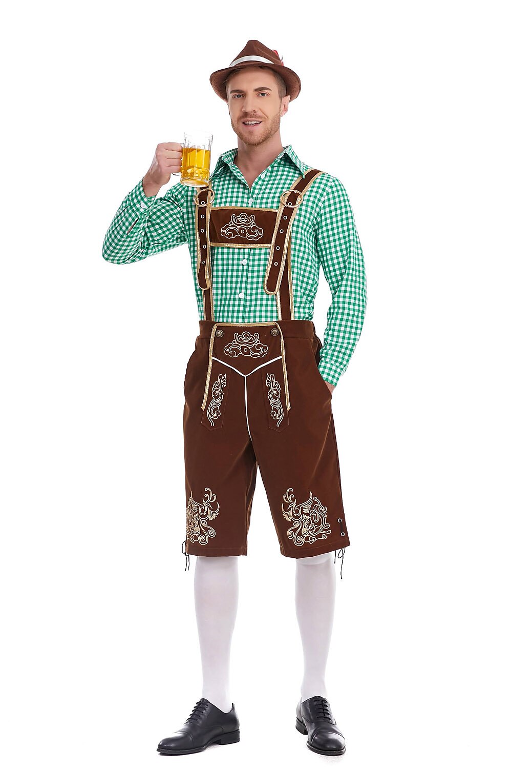 AlpenKönig kostumesæt til mænd — broderede lederhosen, ternet skjorte