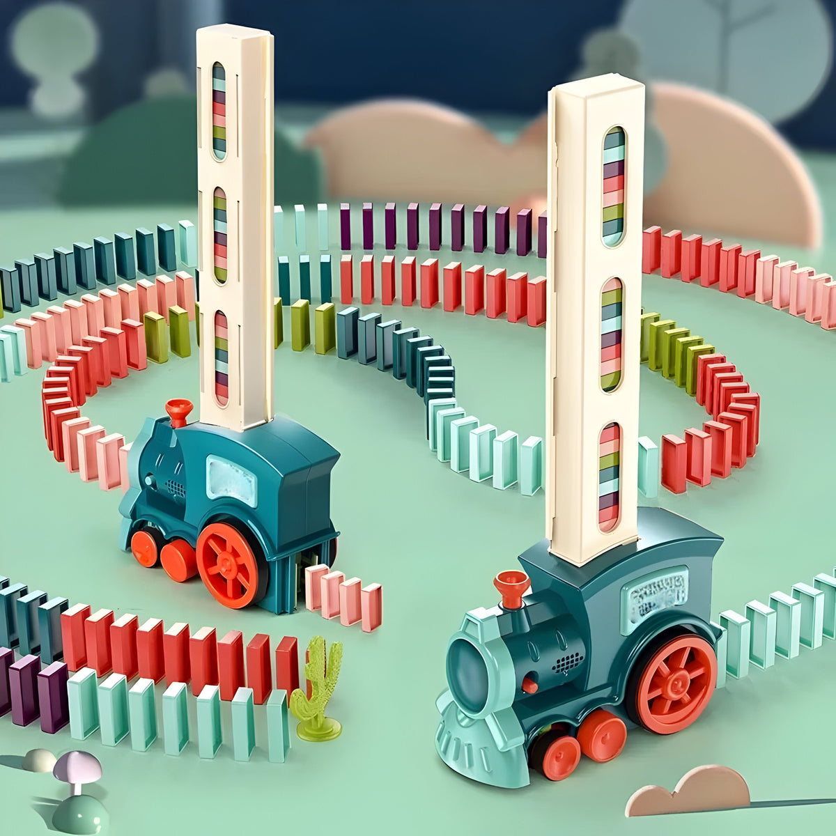 רכבת צעצוע דומינו — משגר בלוקים צבעוניים אוטומטי היוצר תגובות שרשרת רציפות