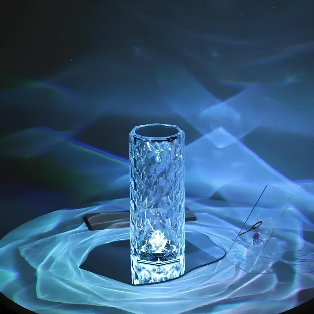 Lámpara de mesa Aurora Crystal — LED regulable y recargable, 16 colores