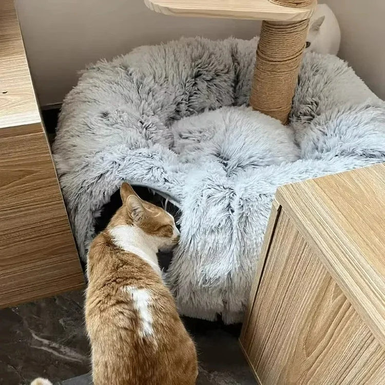PurrTunnel puszyste legowisko-tunel dla kota — pluszowy wypoczynek w kształcie pączka