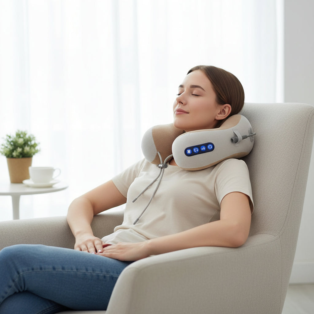 U-format nackmassageapparat med värme, vibration och USB-laddning