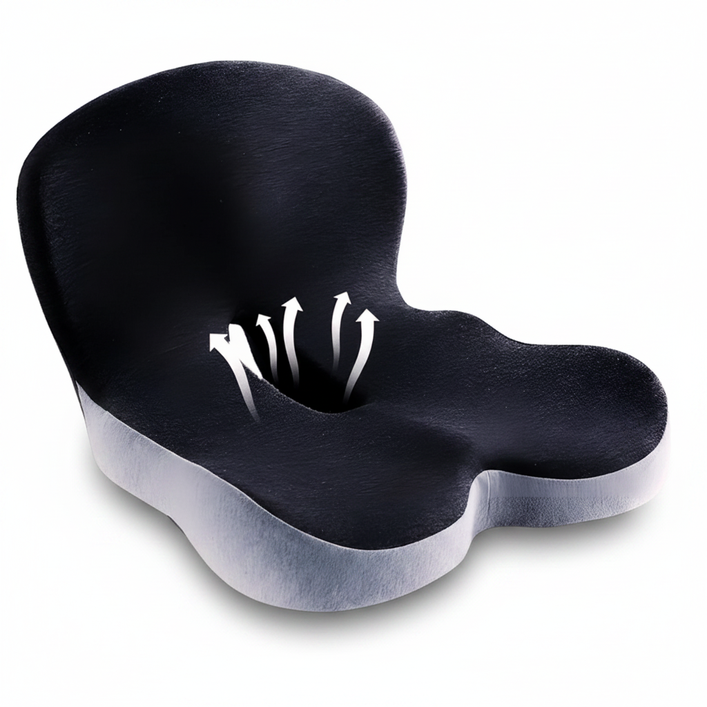 Almofada de assento ergonómica em espuma viscoelástica — apoio postural e alinhamento da coluna