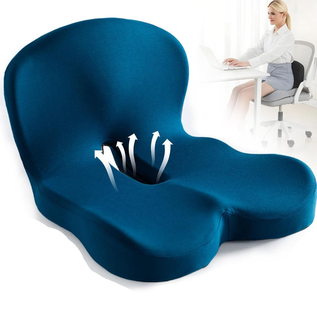 Almofada de assento ergonómica em espuma viscoelástica — apoio postural e alinhamento da coluna