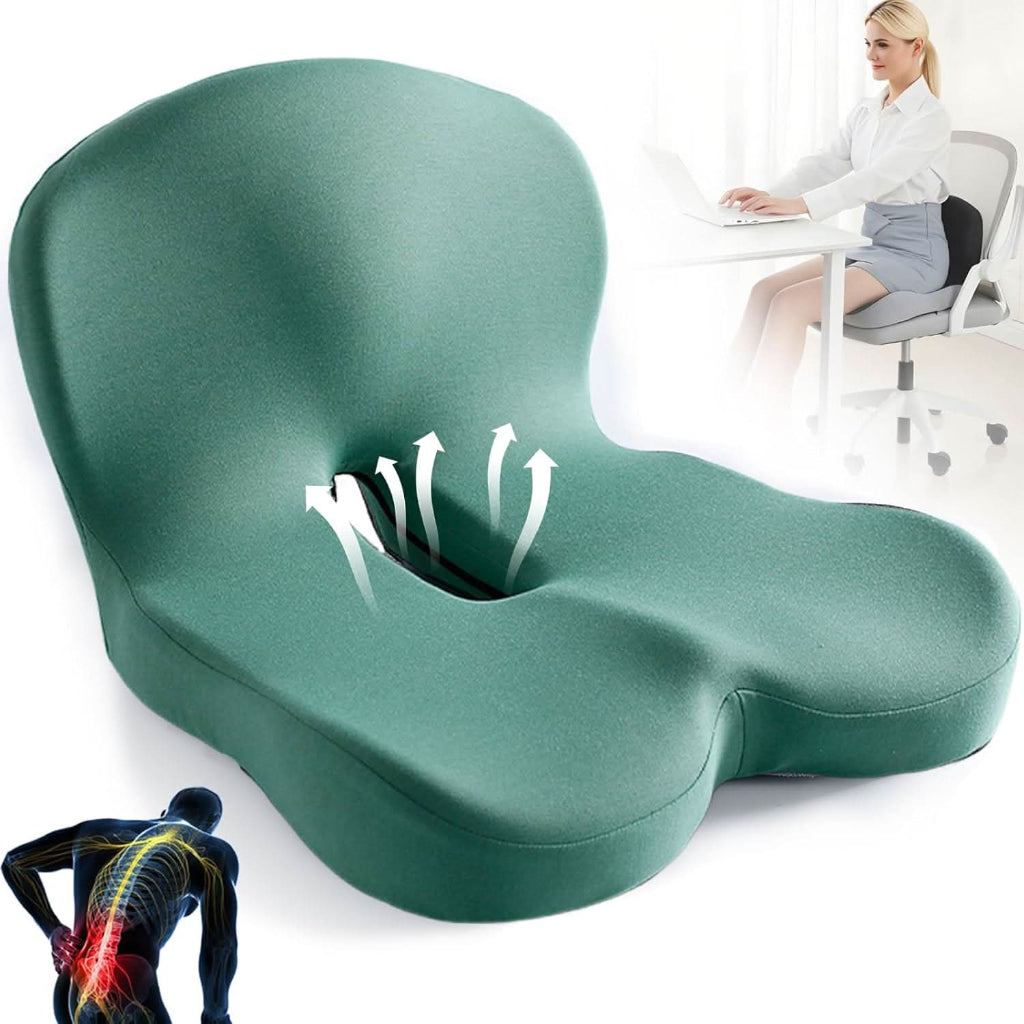 Almofada de assento ergonómica em espuma viscoelástica — apoio postural e alinhamento da coluna