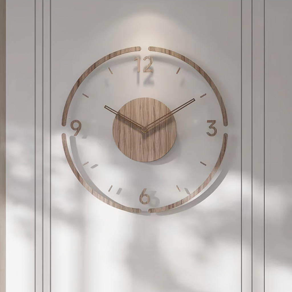 Moderne houten wandklok — minimalistisch ontwerp, stil kwartsuurwerk met vloeiende secondewijzer