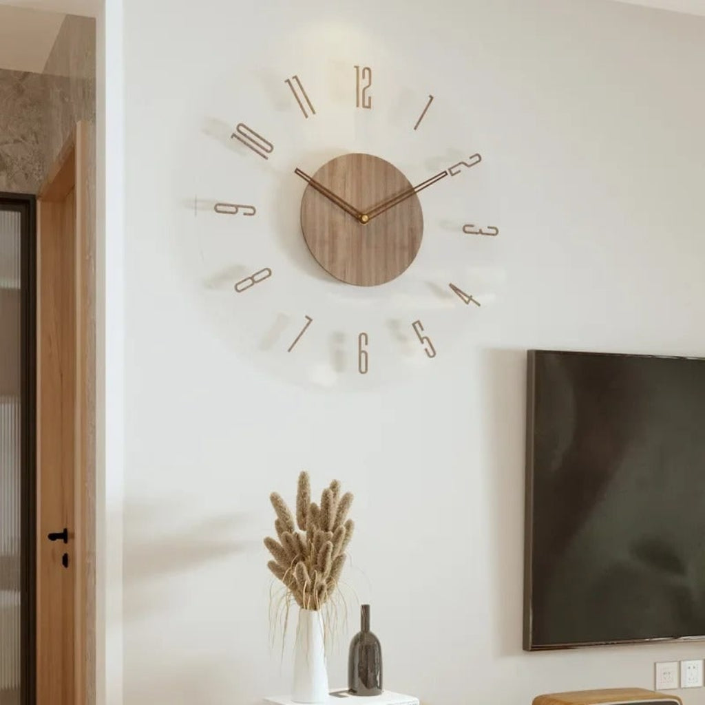 Moderne houten wandklok — minimalistisch ontwerp, stil kwartsuurwerk met vloeiende secondewijzer